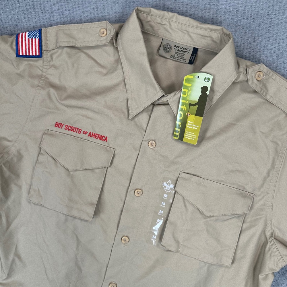 NEW Boy Scouts of America Poplin Uniform Shirt Men M Tan Short Sleeve UPF 40+